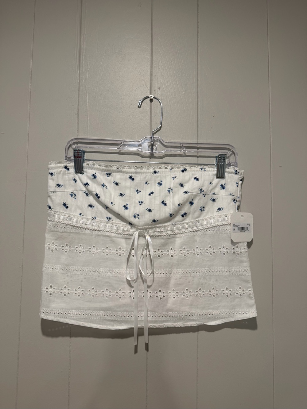 White Eyelet Strapless Top with Blue Floral Lining